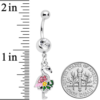 Clear Pink Gem Funky Flamingo Dangle Belly Ring