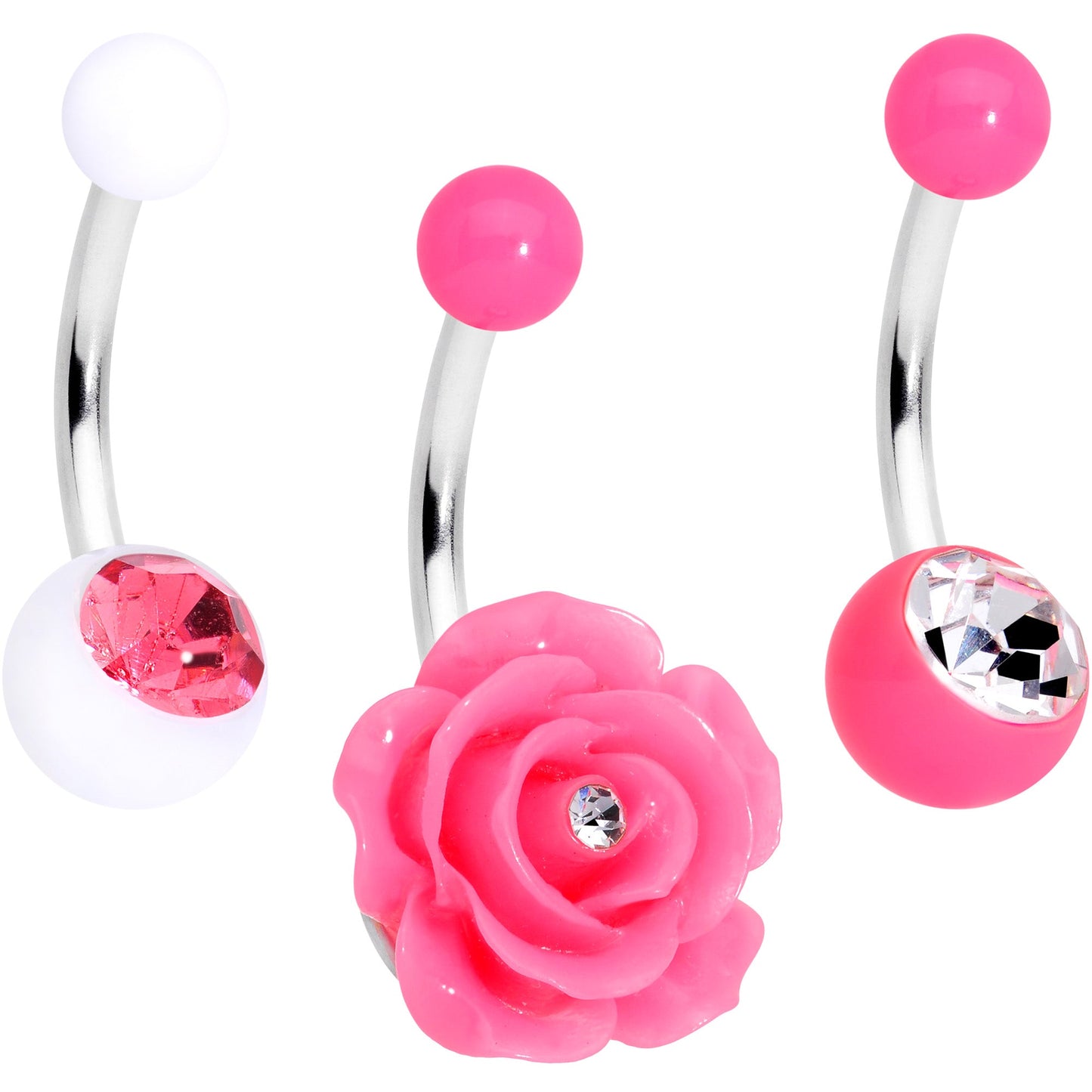 Clear Pink Gem Flower Belly Ring Set of 3