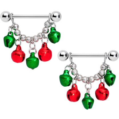 14G 5/8 Green Red Green Bell Christmas Dangle Nipple Ring Set