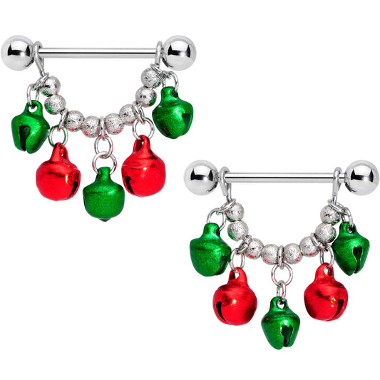 14G 5/8 Green Red Green Bell Christmas Dangle Nipple Ring Set