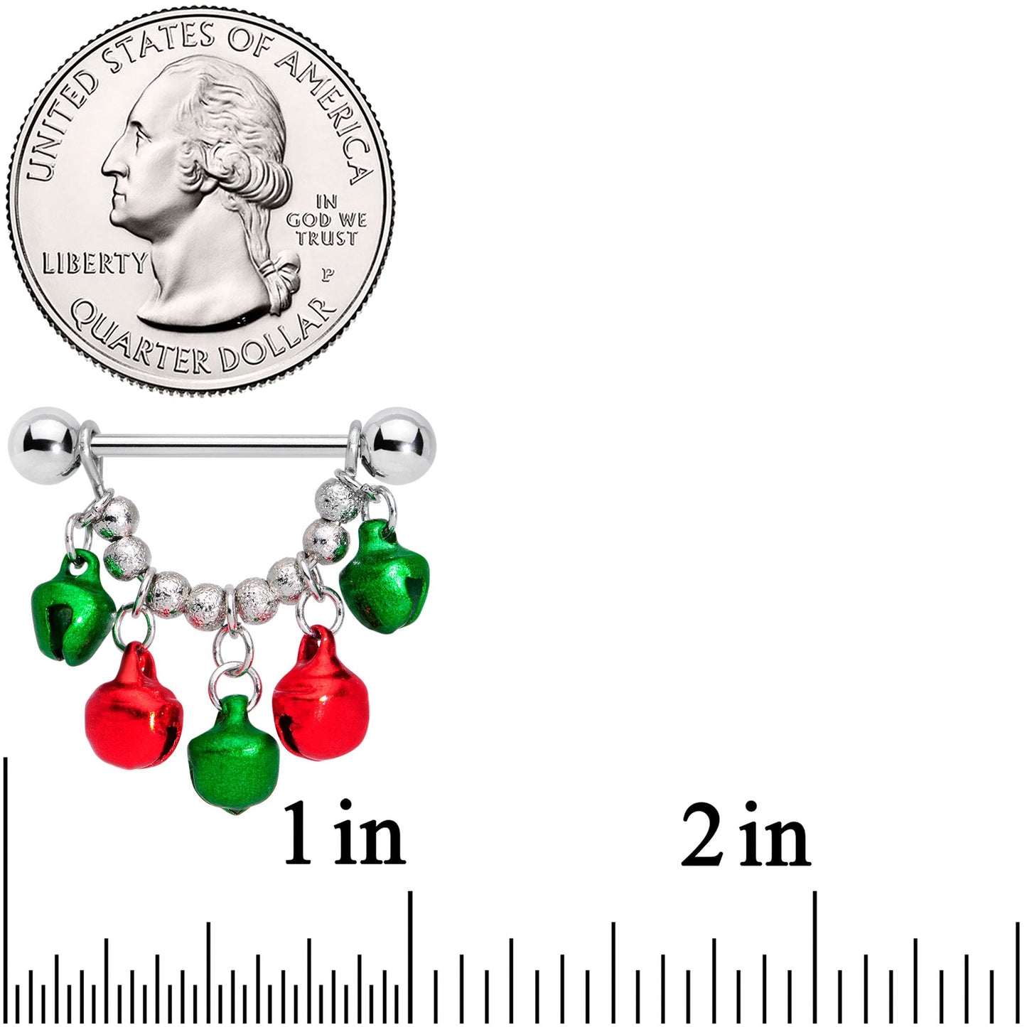 14G 5/8 Green Red Green Bell Christmas Dangle Nipple Ring Set