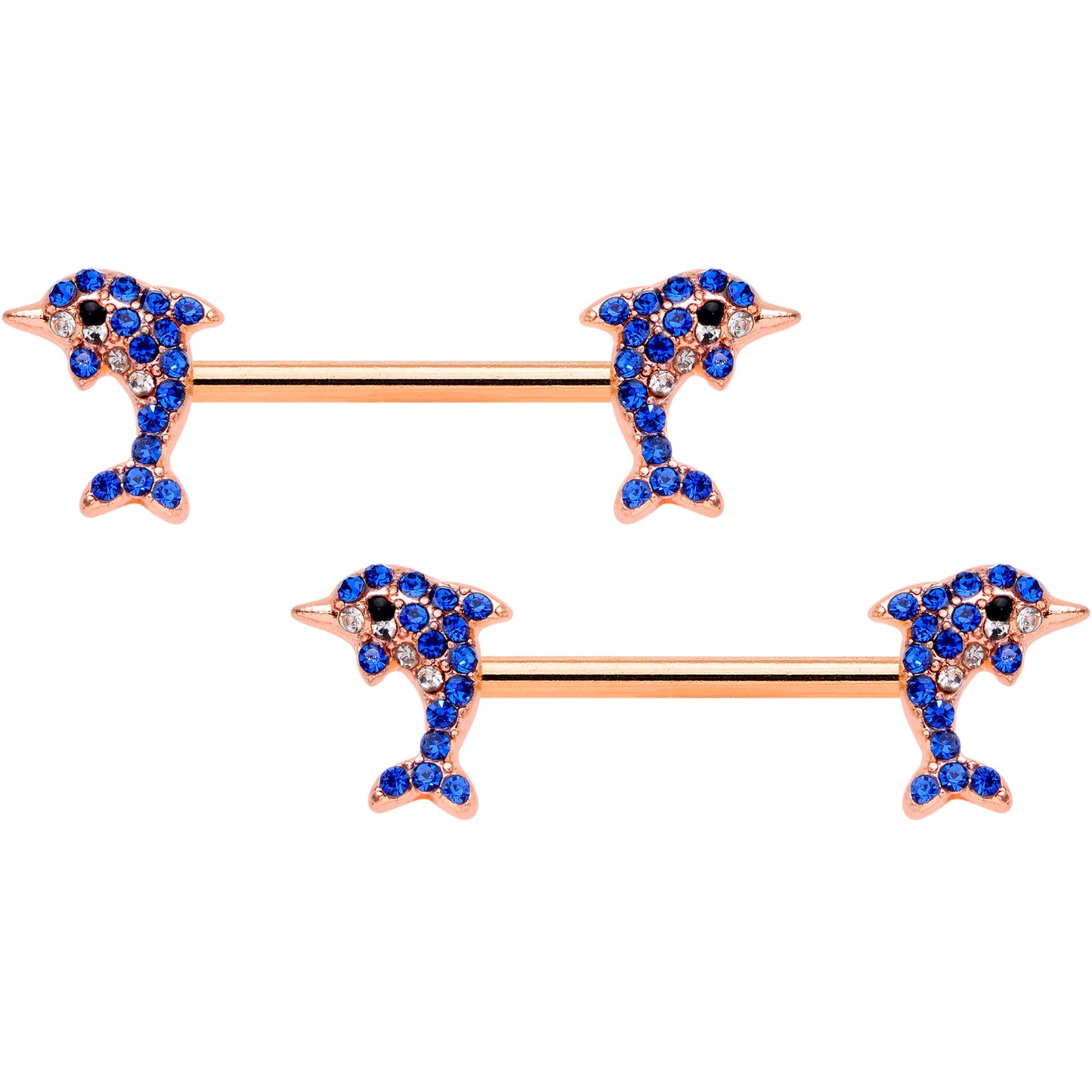 14G 9/16 Blue Gem Rose Gold Tone Dolphin Barbell Nipple Ring Set