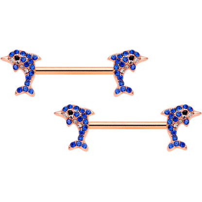 14G 9/16 Blue Gem Rose Gold Tone Dolphin Barbell Nipple Ring Set