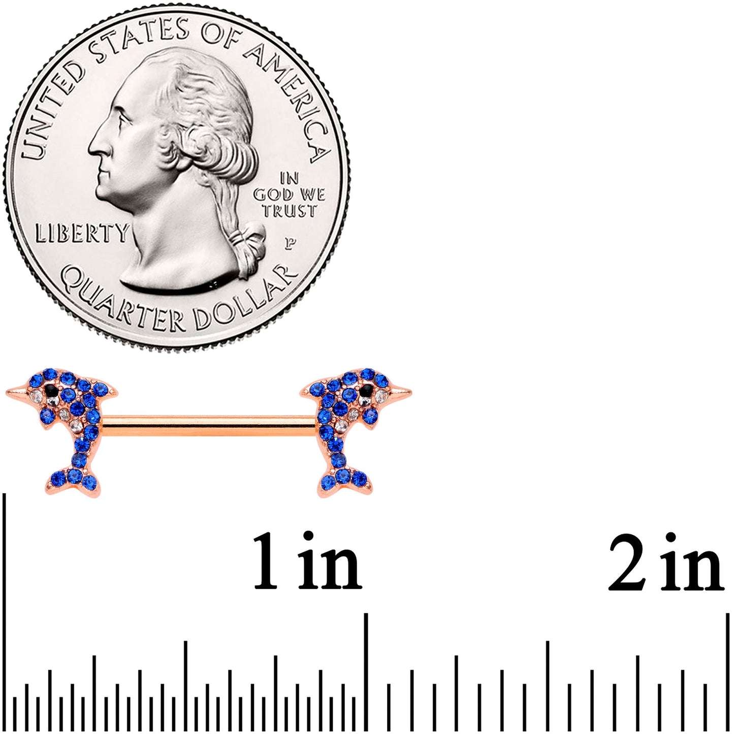 14G 9/16 Blue Gem Rose Gold Tone Dolphin Barbell Nipple Ring Set