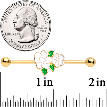 14G Gold Tone White Gardenia Flower Industrial Barbell 38mm
