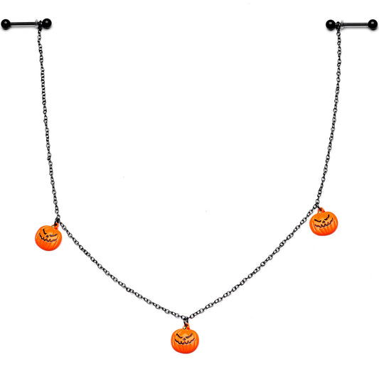 14G 9/16 Black Orange Pumpkin Halloween Dangle Nipple Chain