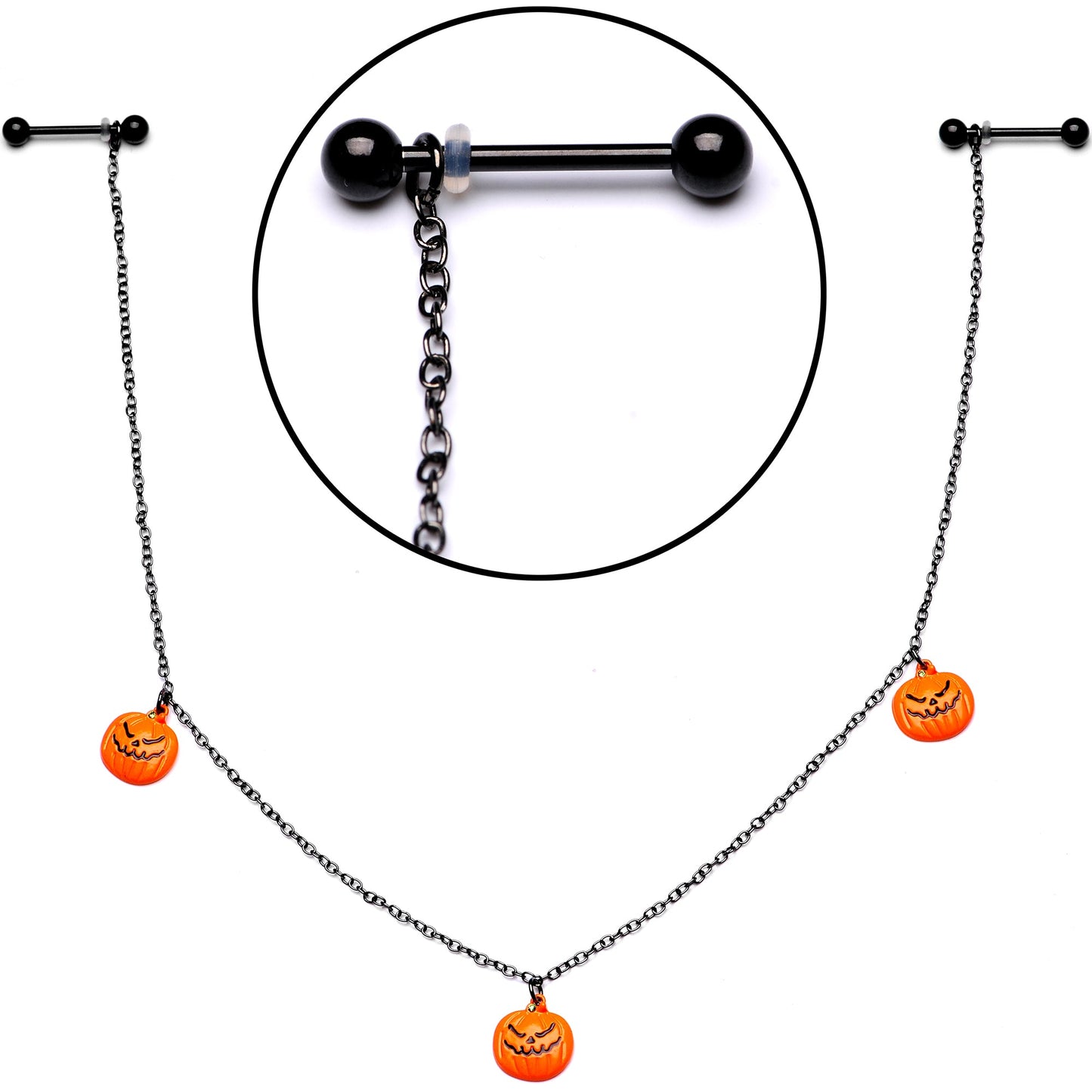 14G 9/16 Black Orange Pumpkin Halloween Dangle Nipple Chain