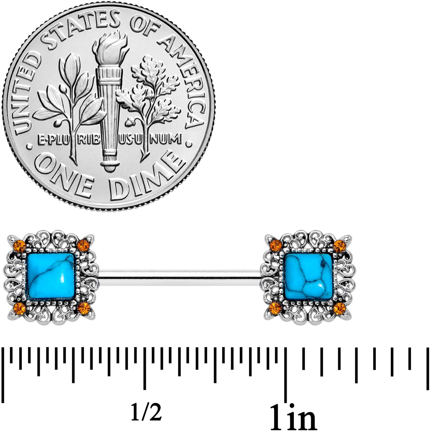 14G 9/16 Blue Faux Turquoise Square Barbell Nipple Ring Set