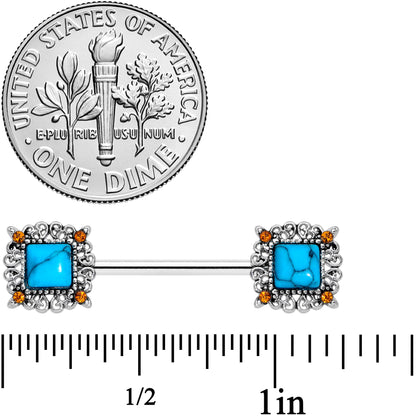 14G 9/16 Blue Faux Turquoise Square Barbell Nipple Ring Set