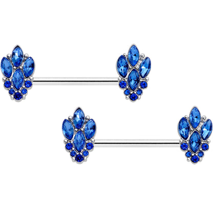 14G 9/16 Blue CZ Gem Fountain Barbell Nipple Ring Set