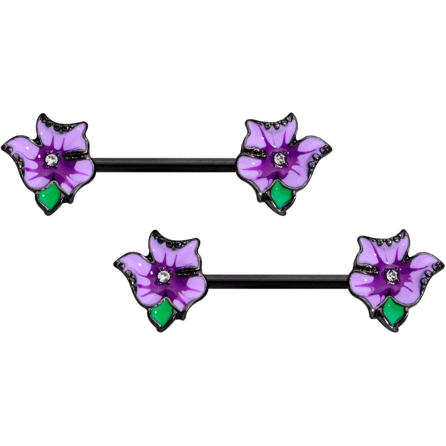 14G 9/16 Clear Gem Black Purple Iris Flower Nipple Ring Set
