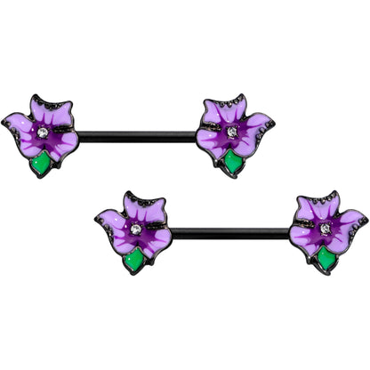 14G 9/16 Clear Gem Black Purple Iris Flower Nipple Ring Set