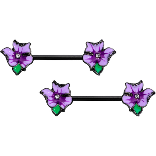 14G 9/16 Clear Gem Black Purple Iris Flower Nipple Ring Set