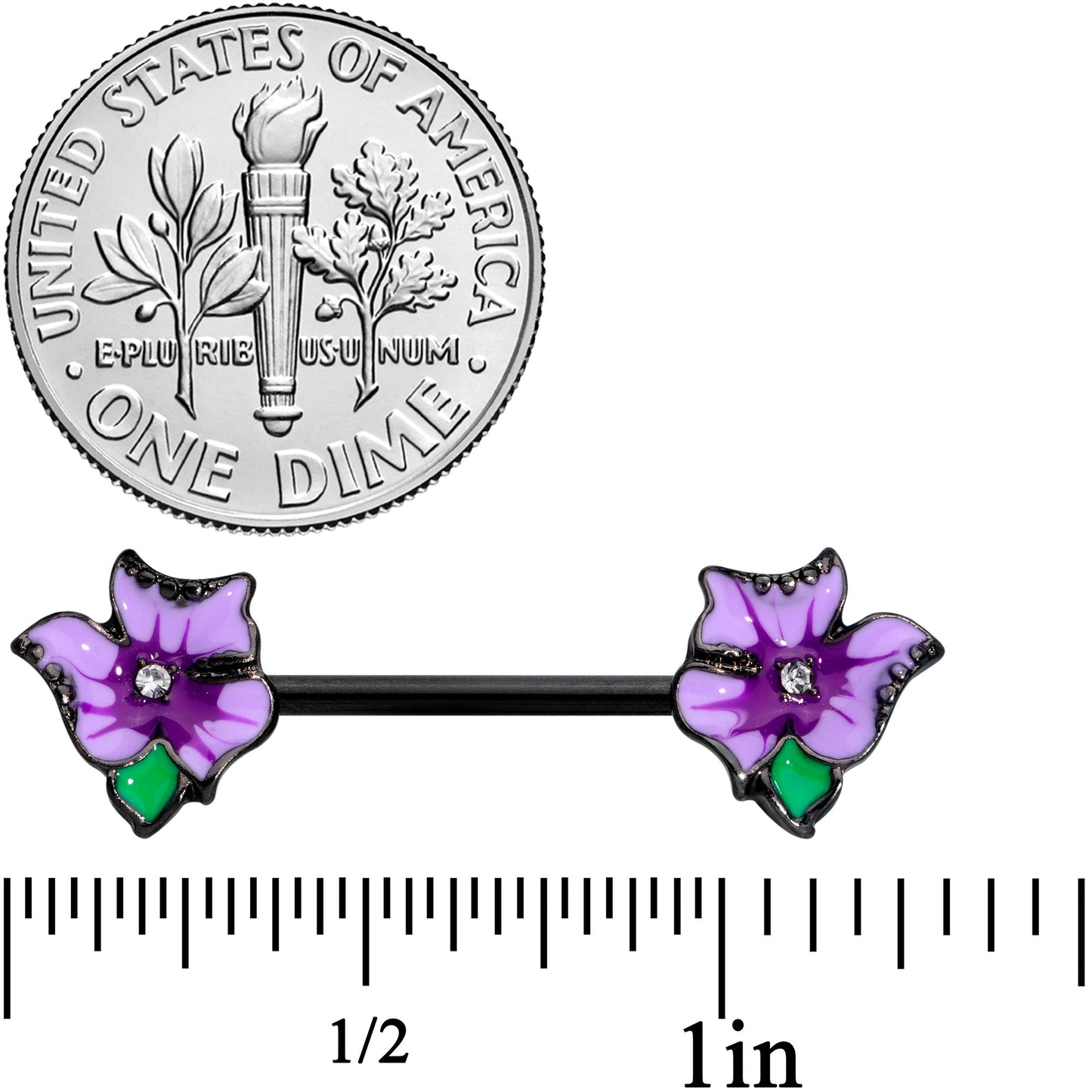 14G 9/16 Clear Gem Black Purple Iris Flower Nipple Ring Set
