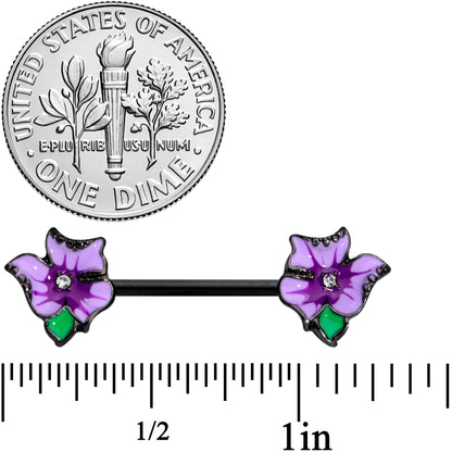 14G 9/16 Clear Gem Black Purple Iris Flower Nipple Ring Set