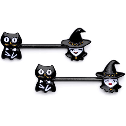 14G 9/16 Black Cat Pretty Witch Halloween Barbell Nipple Ring Set