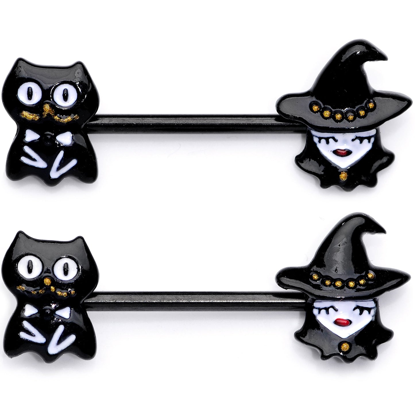 14G 9/16 Black Cat Pretty Witch Halloween Barbell Nipple Ring Set