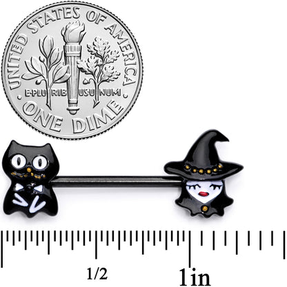 14G 9/16 Black Cat Pretty Witch Halloween Barbell Nipple Ring Set