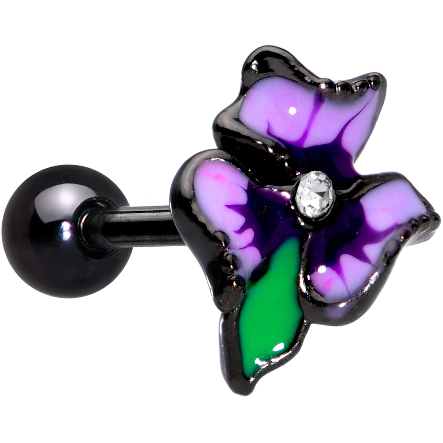 16G 1/4 Clear Gem Black Iris Flower Cartilage Tragus Earring
