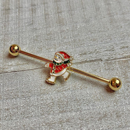 14G Gold Tone Skating Snowman Christmas Industrial Barbell 38mm