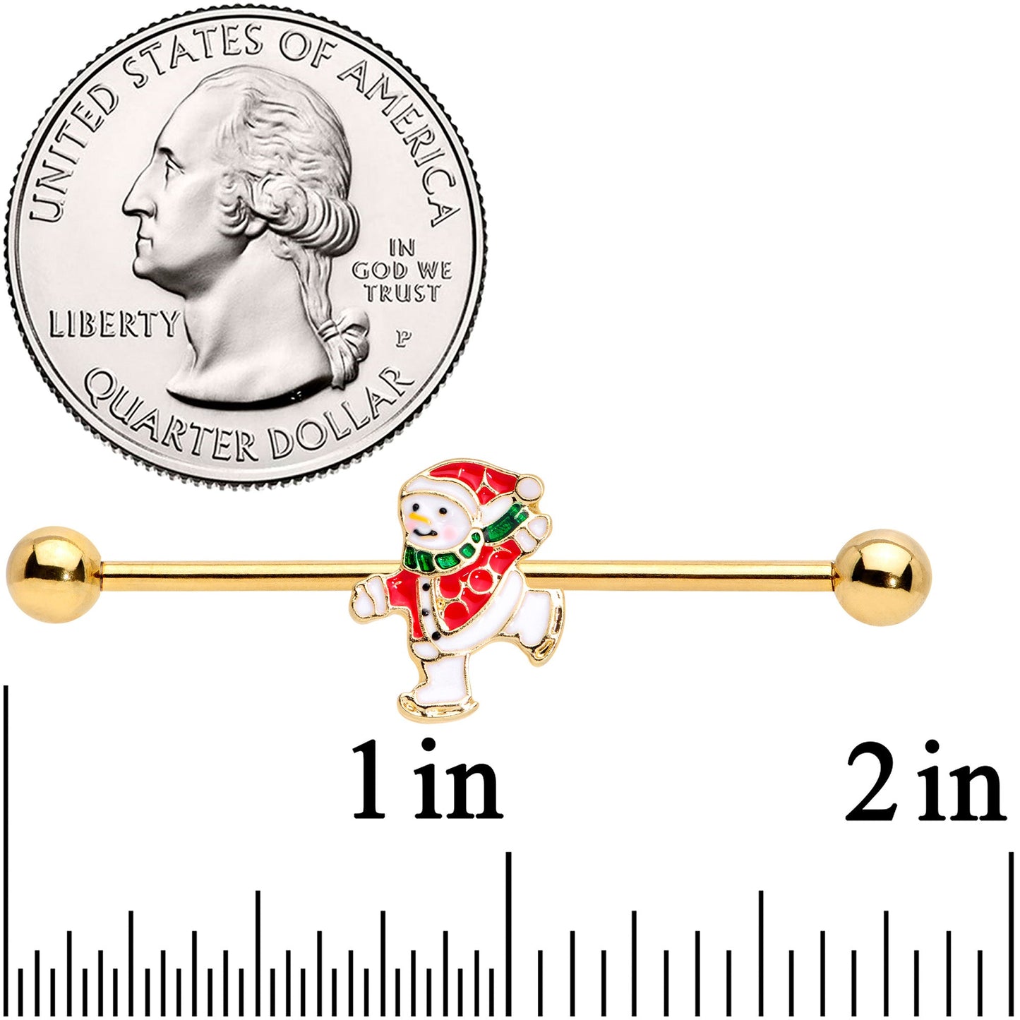 14G Gold Tone Skating Snowman Christmas Industrial Barbell 38mm