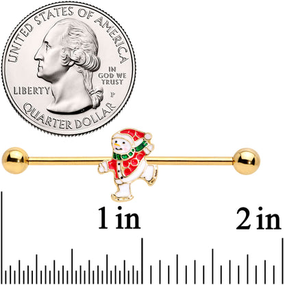 14G Gold Tone Skating Snowman Christmas Industrial Barbell 38mm