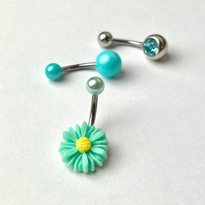 Aqua Gem Daisy Pearlescent Belly Ring Set of 3