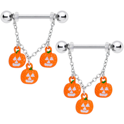 14G 9/16 Pumpkin Halloween Chain Dangle Nipple Ring Set
