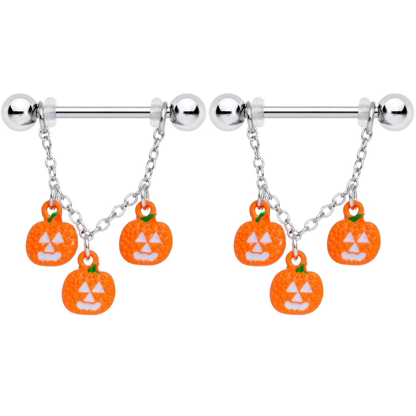 14G 9/16 Pumpkin Halloween Chain Dangle Nipple Ring Set