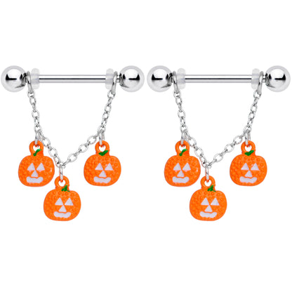 14G 9/16 Pumpkin Halloween Chain Dangle Nipple Ring Set