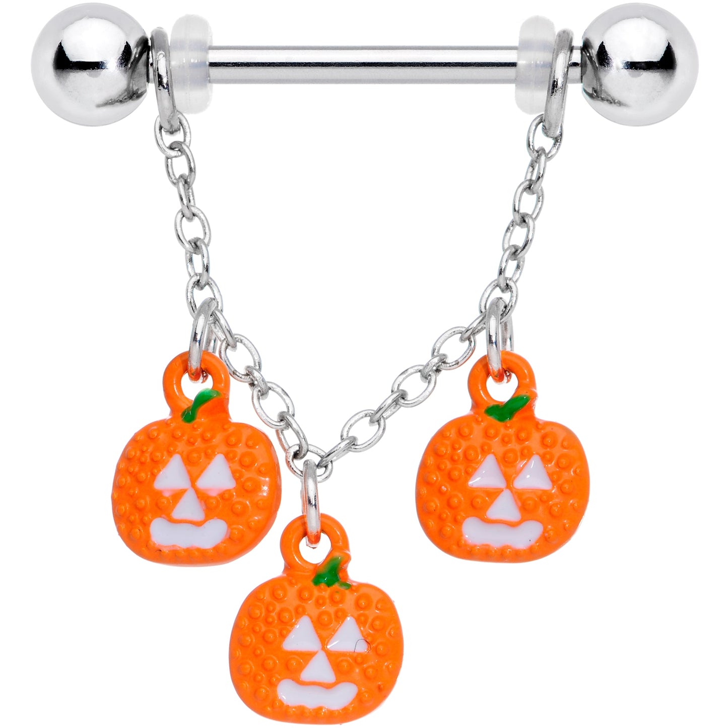 14G 9/16 Pumpkin Halloween Chain Dangle Nipple Ring Set