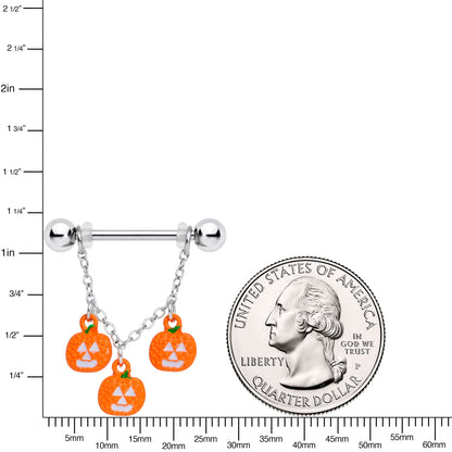 14G 9/16 Pumpkin Halloween Chain Dangle Nipple Ring Set