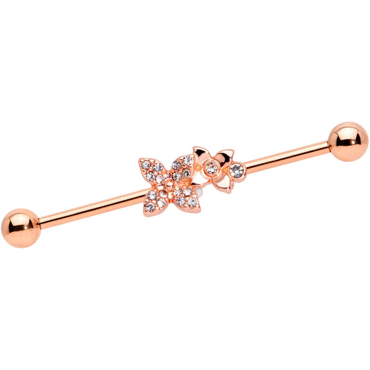 14G Clear Gem Rose Gold Tone Butterfly Industrial Barbell 38mm