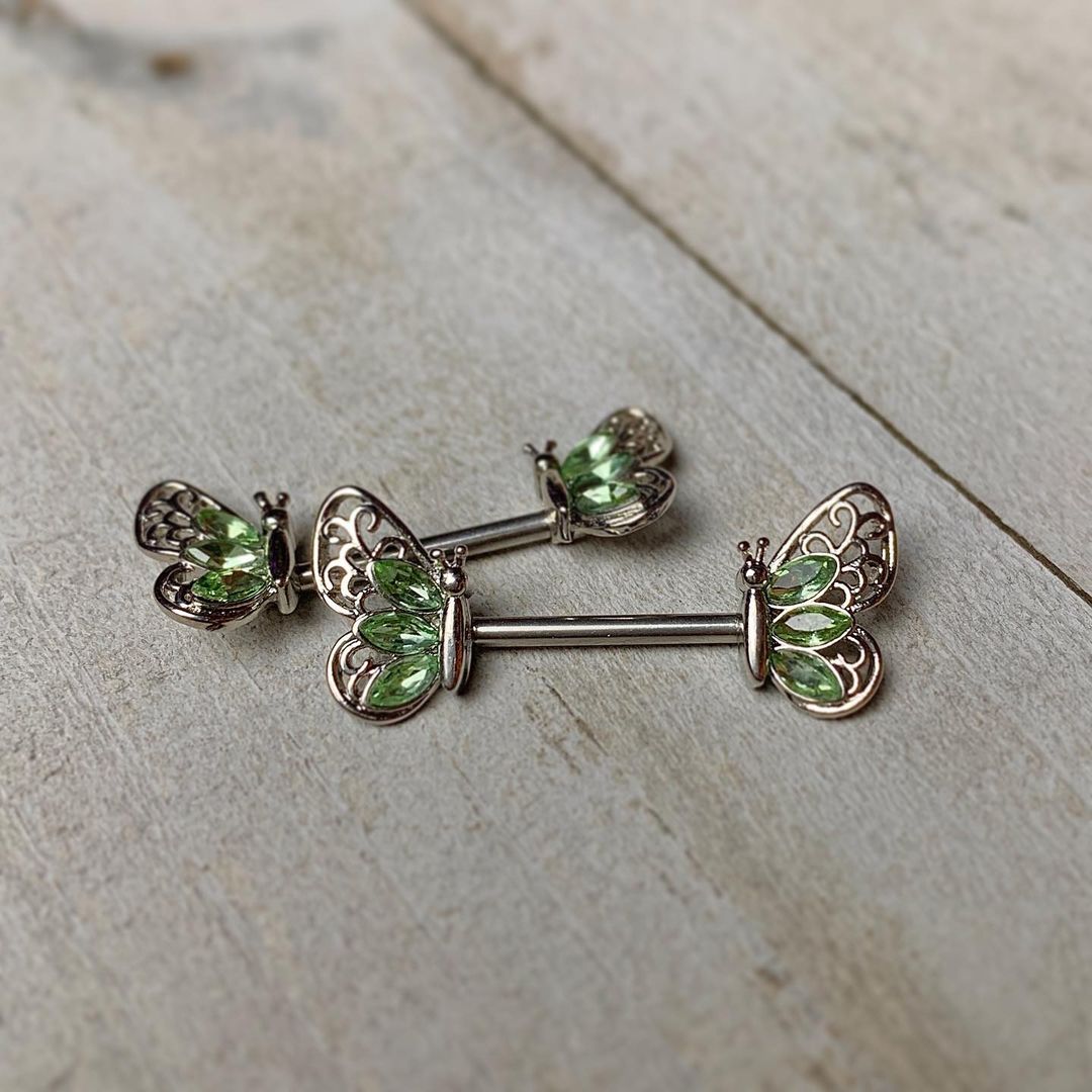 14G 9/16 Green Gem Lacy Butterfly Barbell Nipple Ring Set