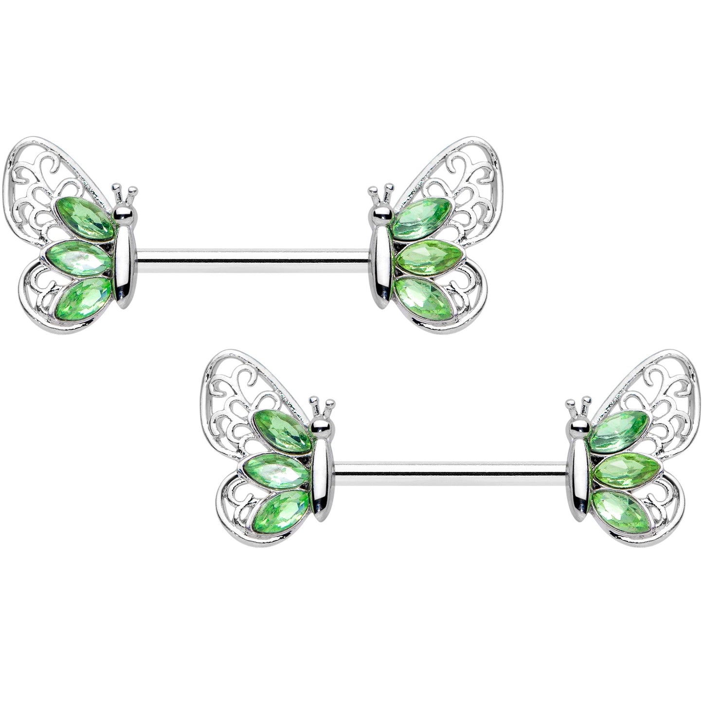 14G 9/16 Green Gem Lacy Butterfly Barbell Nipple Ring Set