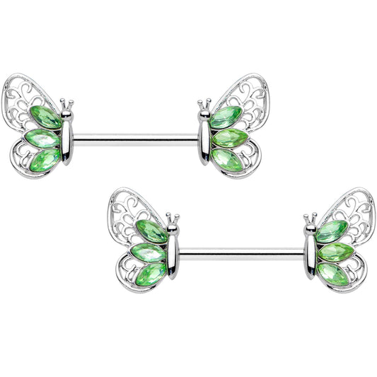 14G 9/16 Green Gem Lacy Butterfly Barbell Nipple Ring Set