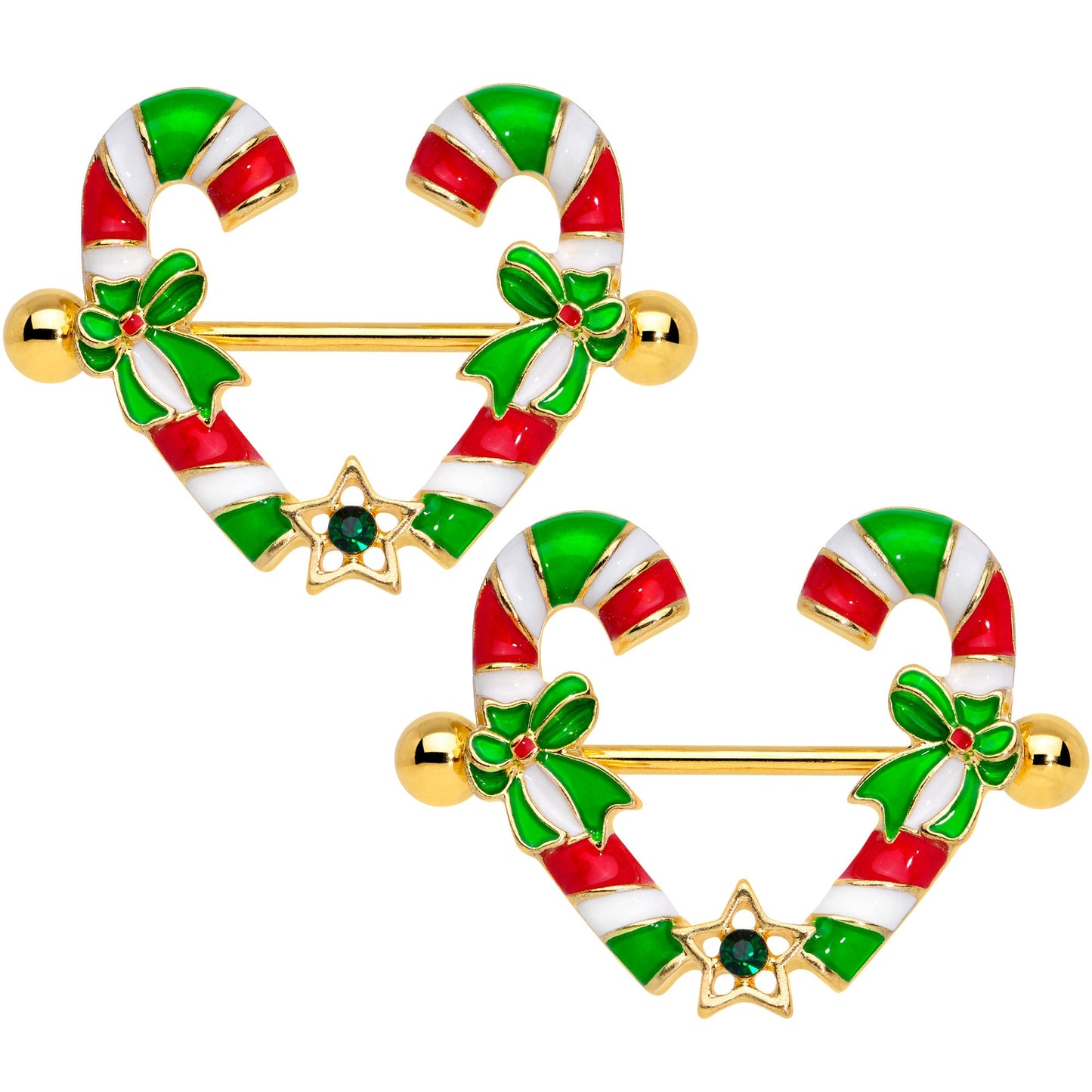 14G 5/8 Green Gem Gold Tone Candy Cane Christmas Nipple Ring Set