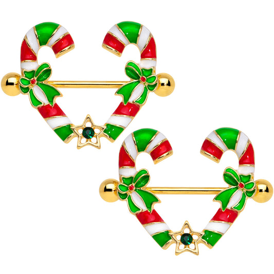 14G 5/8 Green Gem Gold Tone Candy Cane Christmas Nipple Ring Set