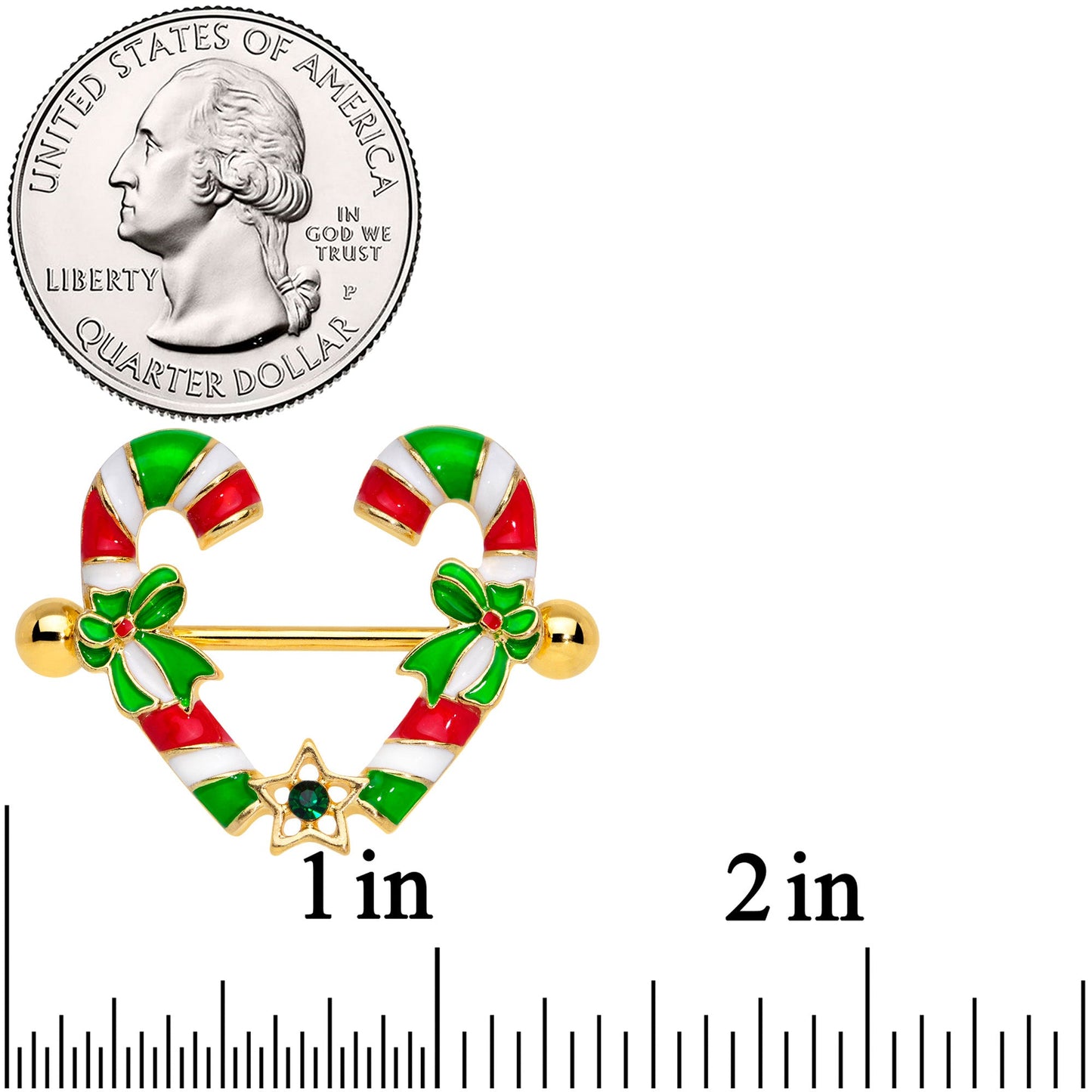 14G 5/8 Green Gem Gold Tone Candy Cane Christmas Nipple Ring Set