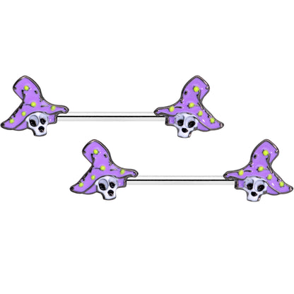 14G 9/16 Skull Purple Witch Hat Halloween Nipple Ring Set