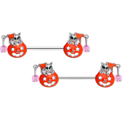 14G 9/16 Pink Gem Kitty Pumpkin Halloween Nipple Ring Set