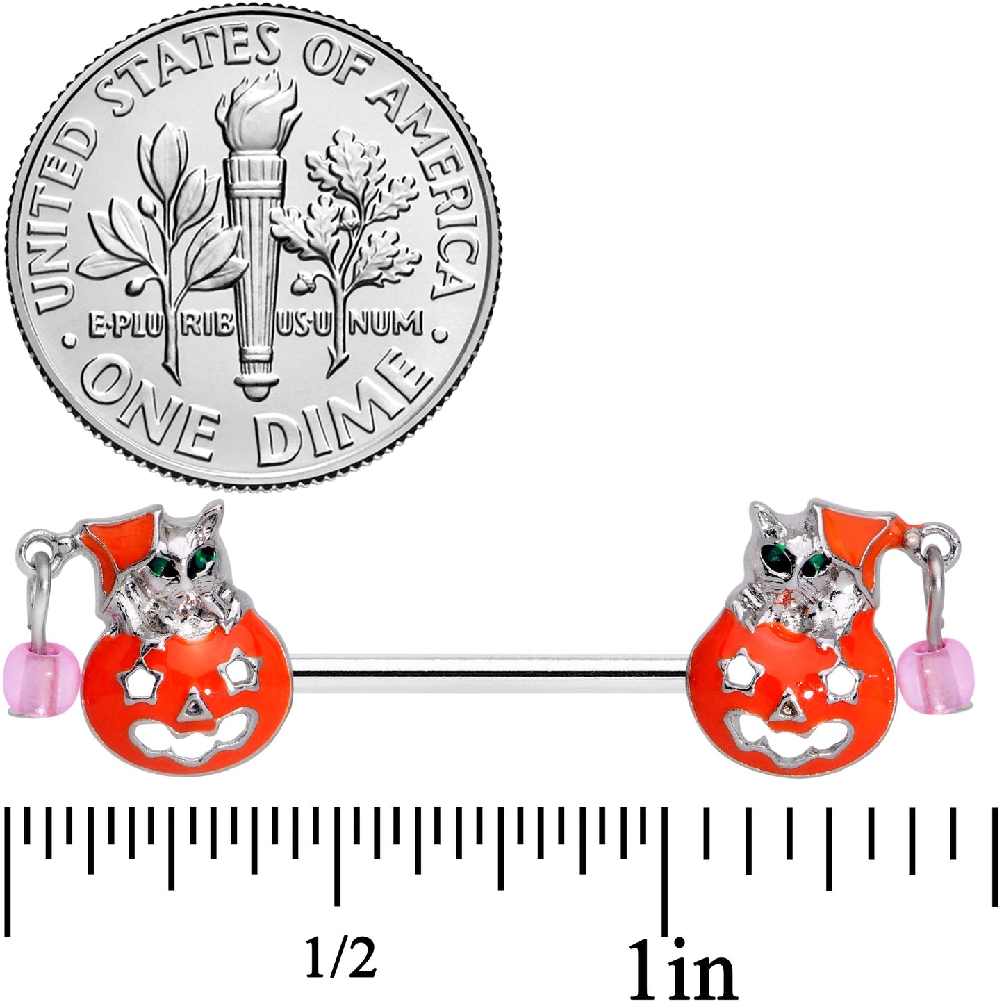 14G 9/16 Pink Gem Kitty Pumpkin Halloween Nipple Ring Set