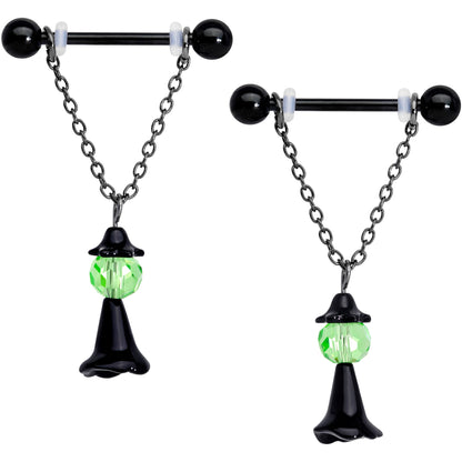 14G 11/16 Green Gem Black Witch Halloween Dangle Nipple Ring Set