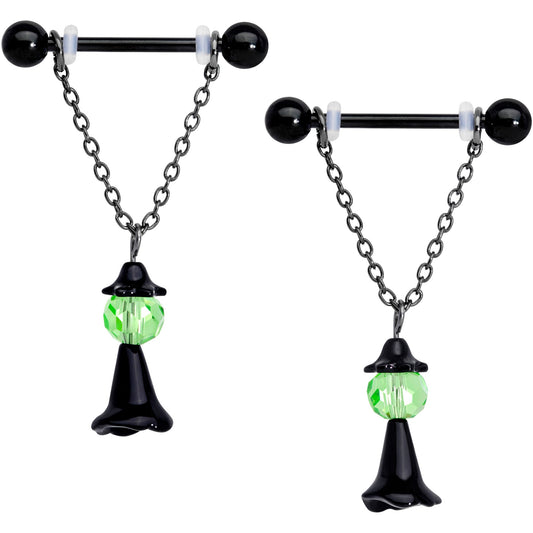 14G 11/16 Green Gem Black Witch Halloween Dangle Nipple Ring Set