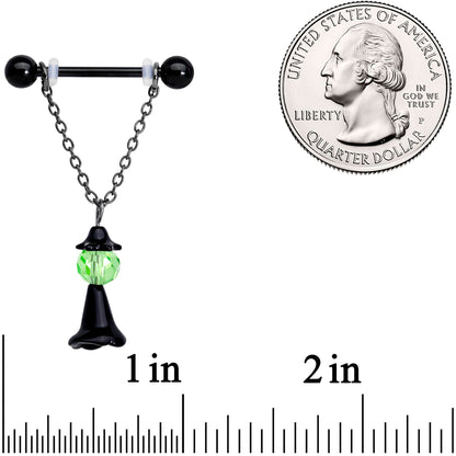 14G 11/16 Green Gem Black Witch Halloween Dangle Nipple Ring Set