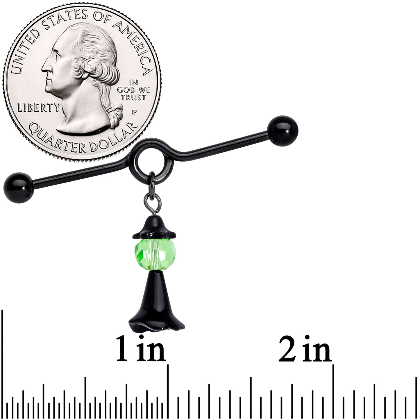 14G Green Gem Black Witch Halloween Dangle Project Bar 38mm