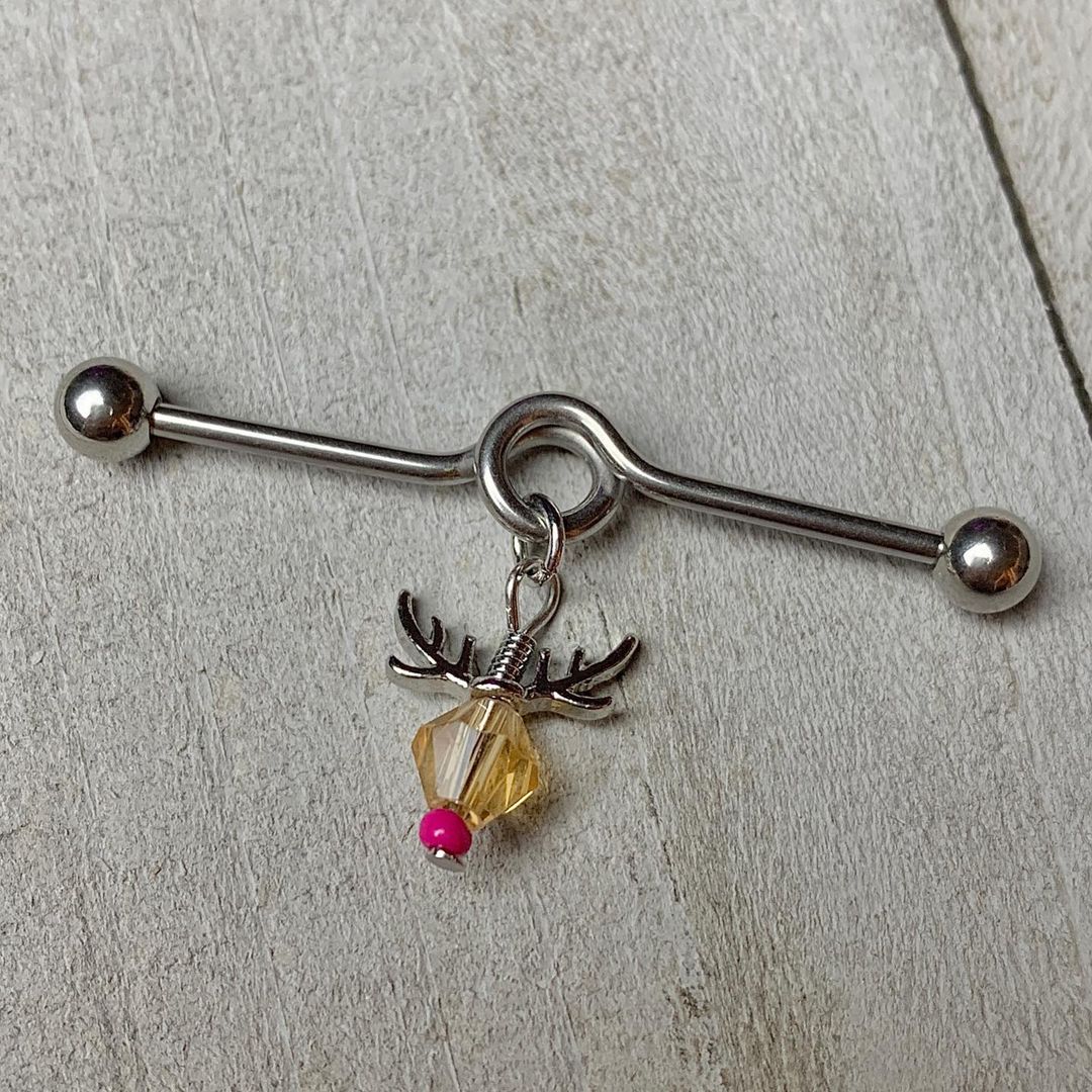 14G Tan Red Gem Reindeer Christmas Dangle Project Bar 38mm