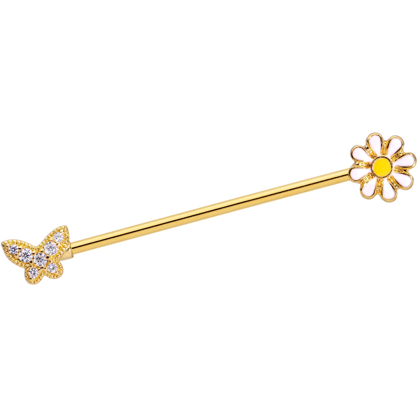 14G Clear Gem Gold Tone Butterfly Daisy `Industrial Barbell 38mm