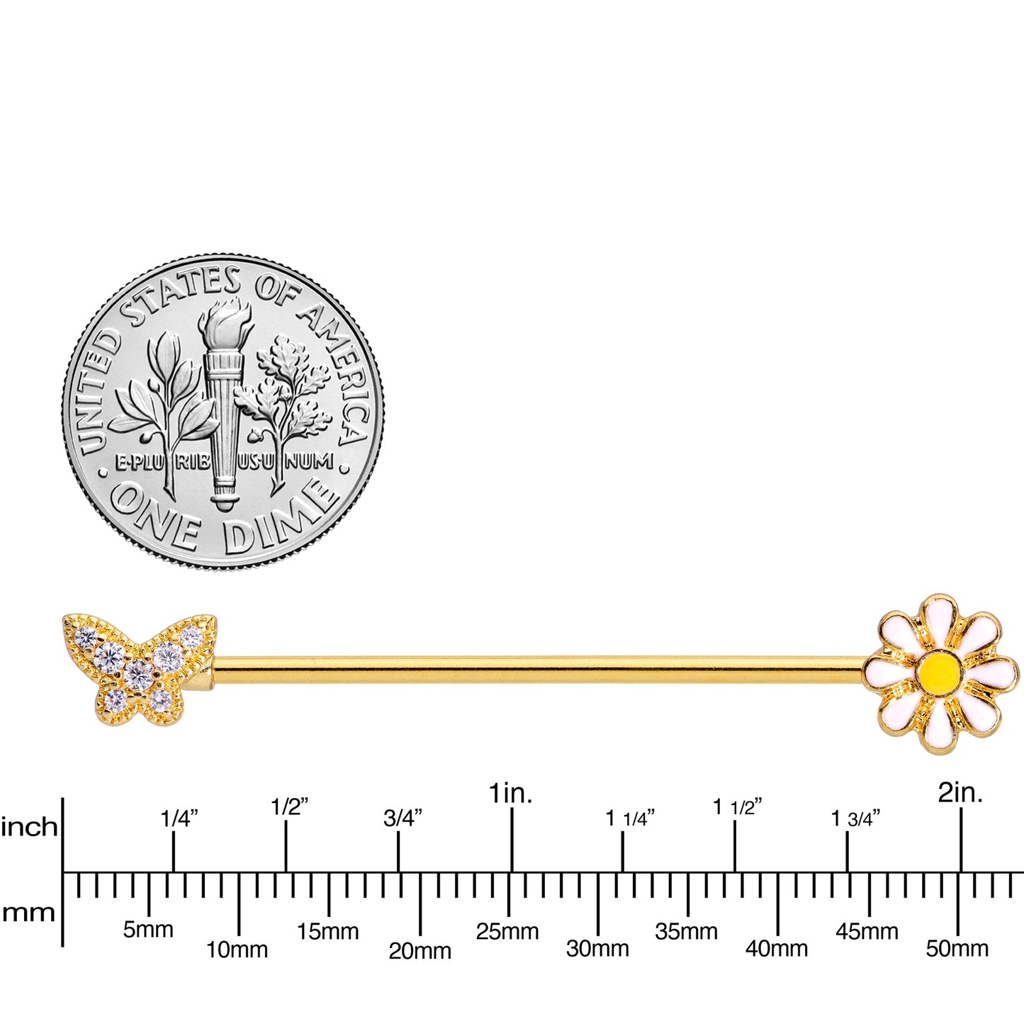 14G Clear Gem Gold Tone Butterfly Daisy `Industrial Barbell 38mm
