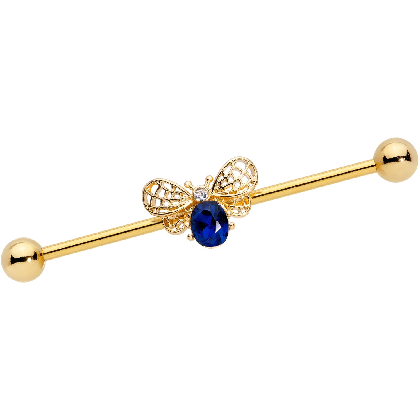 14G Blue Gem Gold Tone Beautiful Bee Industrial Barbell 38mm